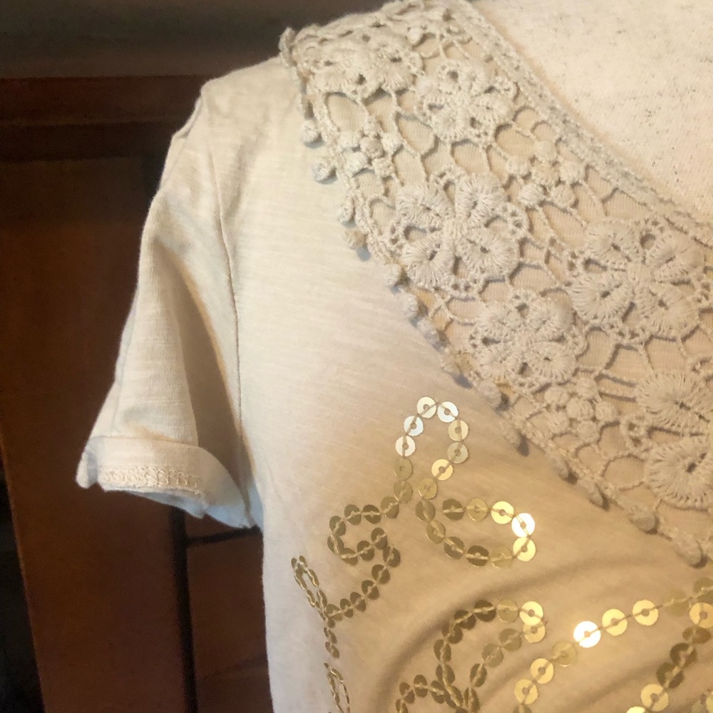 Style & Co. Cream Short Sleeve Top with Crochet Yoke & Gold Sequin Accents - Picture 3 of 6